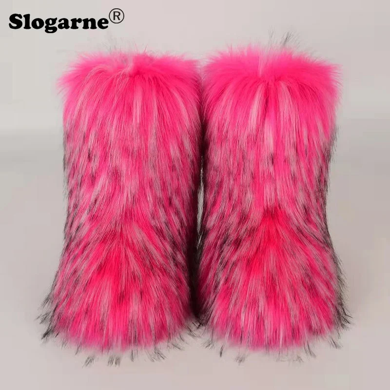 Women\'s Winter Fluffy Faux Fox Fur Boots Woman Plush Warm Snow Boots Luxury Footwear Girls\' Furry Fur Bottes Fashion Winter Shoe