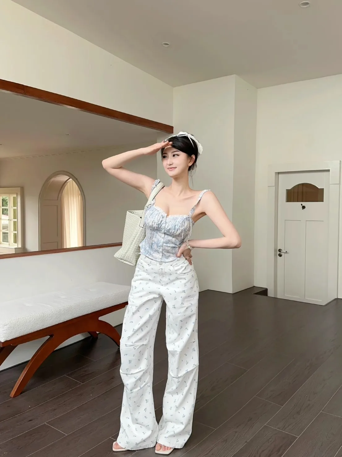 

Beloved Golden Girl American Floral Print Dstring Design Casual Straight Leg Wide Leg Pants Set Women's Faion plus Size