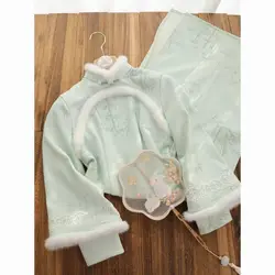 2024 Winter Plush Thickened Green Big Sleeve Cheongsam New Chinese Style Modern Bamboo Leaf Printing Qipao Dress Long Dresses