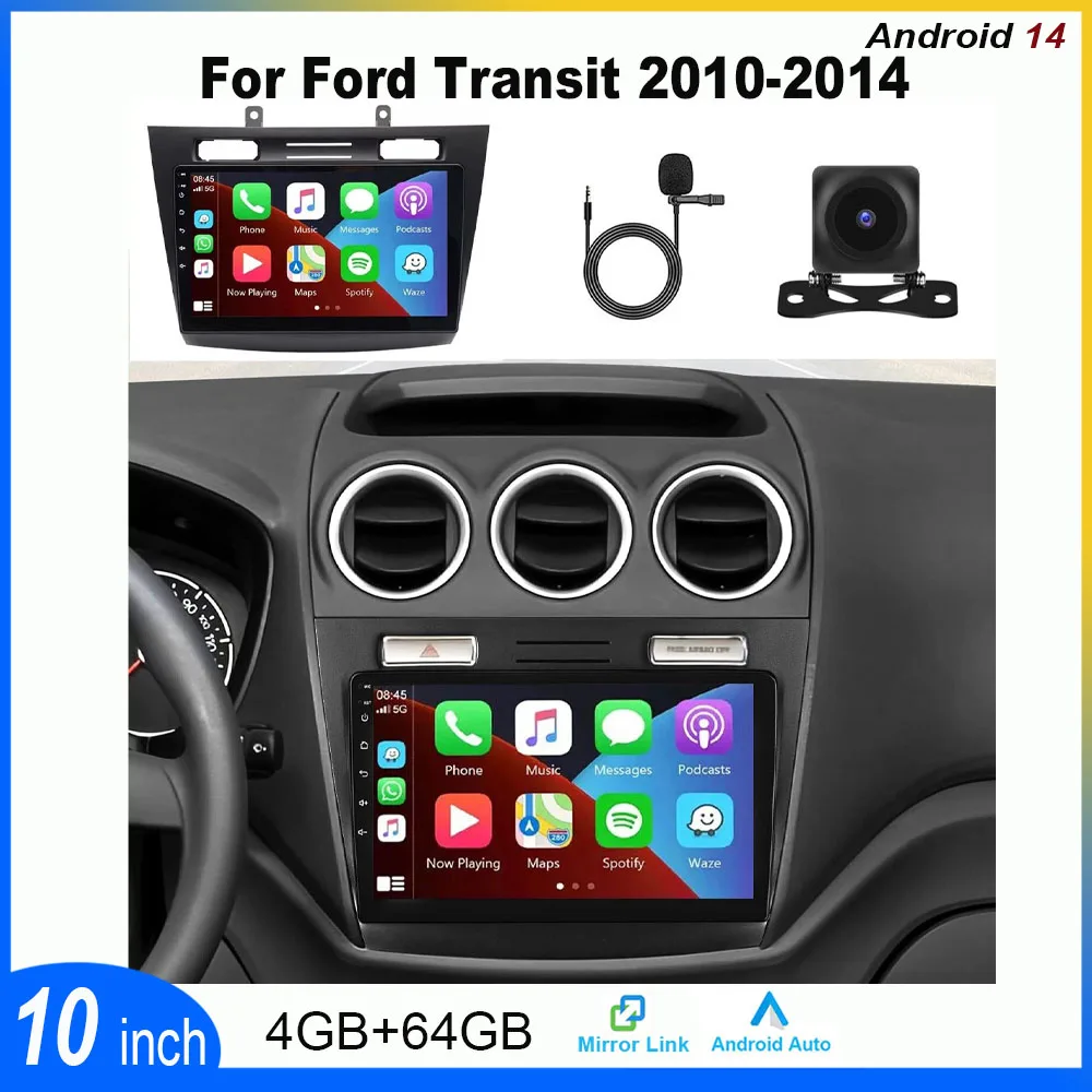 4+64G Android 14 Car Stereo For Ford Transit 2010 - 2014 fit for Carplay Android Auto 10in Car Radio Player Wifi FM/RDS SWC+AHD