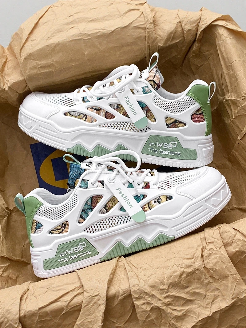 

Men's Summer Sporty Breathable Mesh Shoes Increased Soft Bottom Trendy White Sneakers Casual round Toe Rubber Outsole