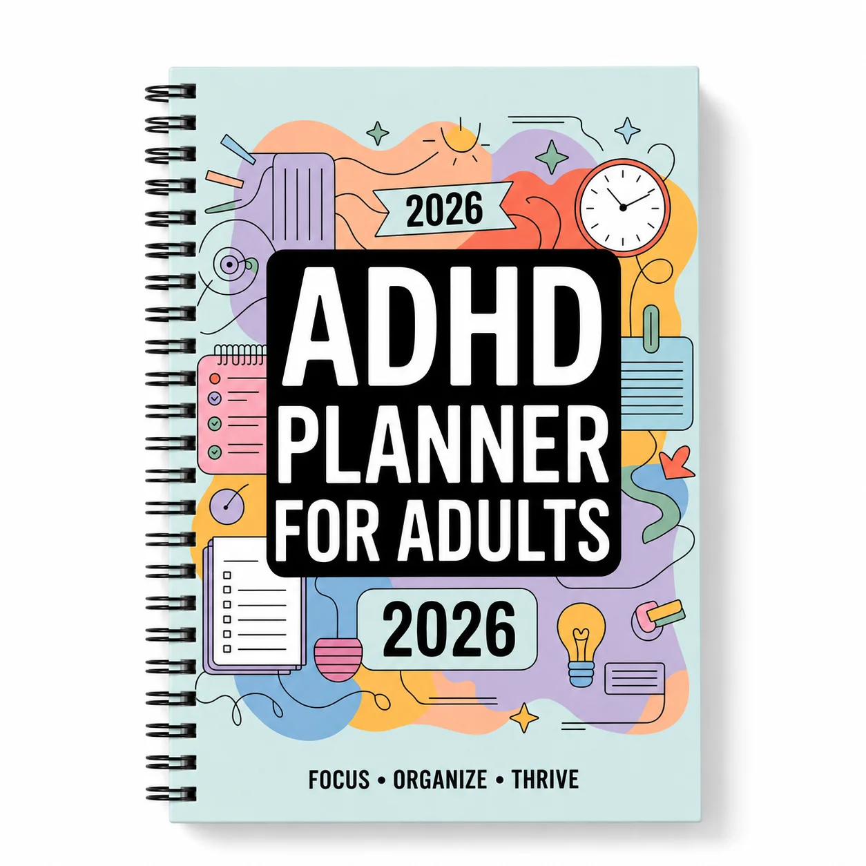 2026 ADHD Planner For Adults Spiral Journal, Daily Weekly Time Management Organizer Notebook for Focus Goal Planning Mental Heal