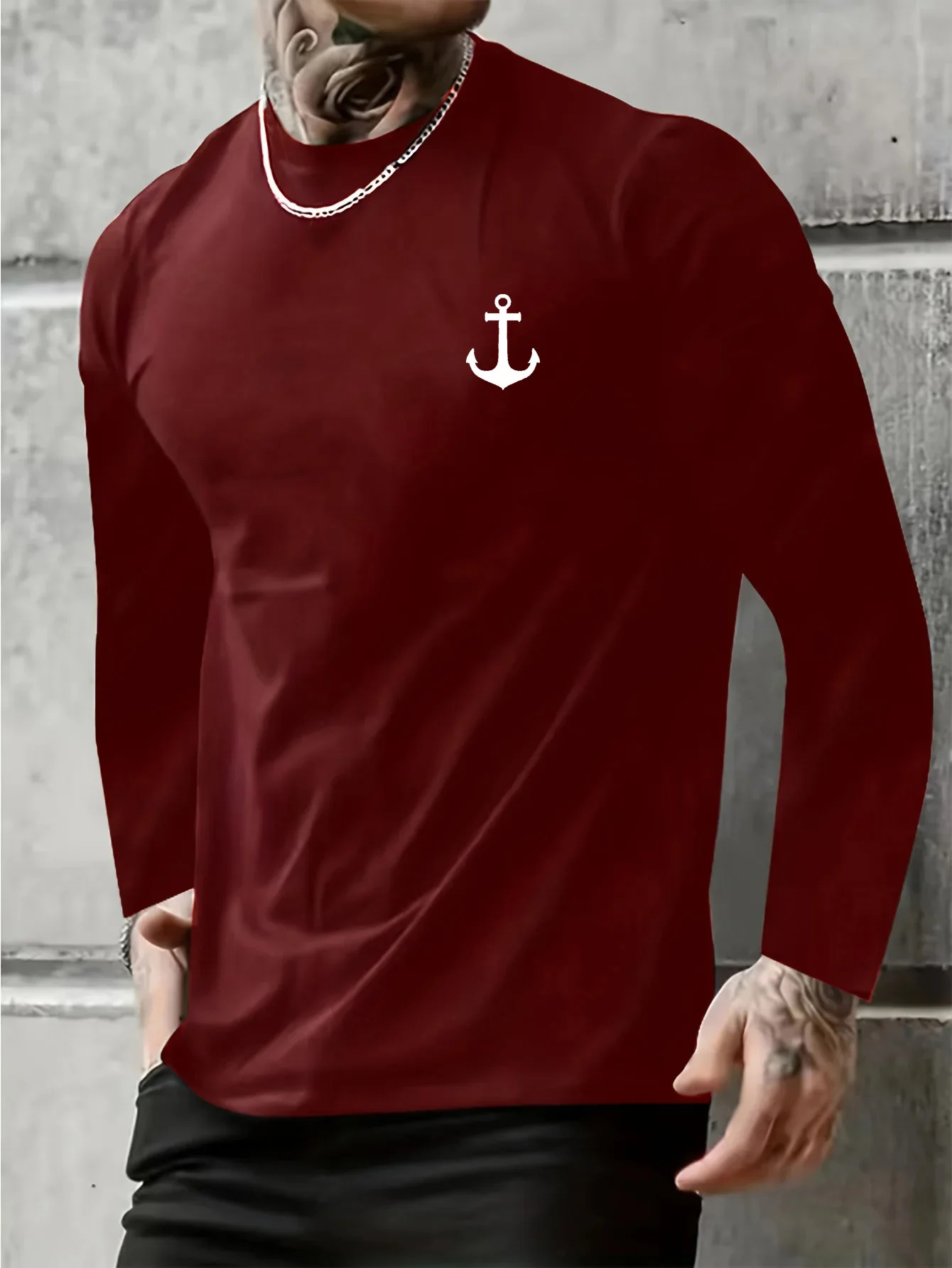100% pure cotton men's long sleeved round neck loose casual boat anchor print spring and autumn versatile T-shirt top