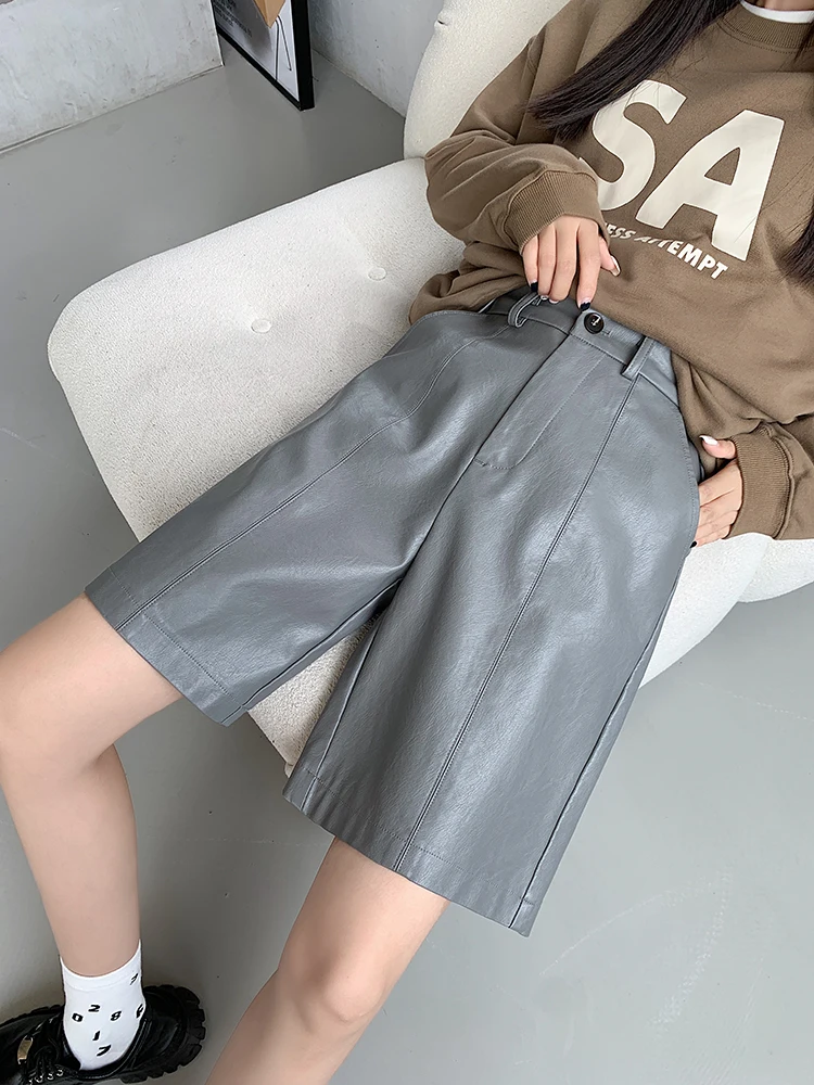 Gray Vintage Leather Women\'s Wide Leg Shorts For Boots High Waist Loose Bermuda Casual Winter Knee Length Pu Short Pants Female