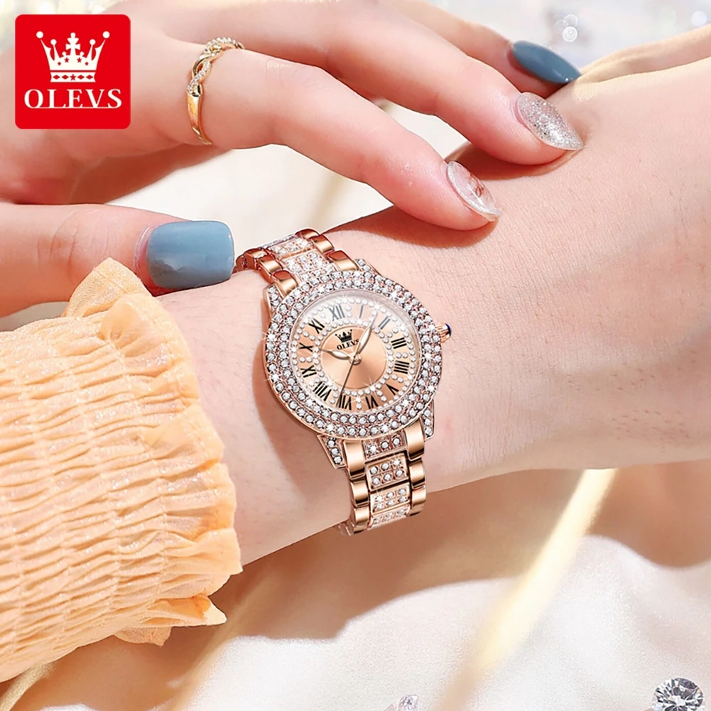 OLEVS 9943 Women Watch Roman Diamond Dial Full Pink Elegant Ladies\' Watch Stainless steel Waterproof Quartz Women\'s Wristwatches
