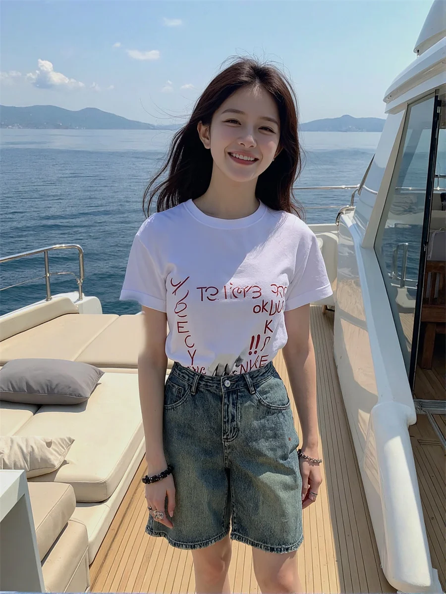 Shorts Womens High Waist Loose Fit Printing Ribbed Knit Traditional Wrapped Buckles Cat Cozy Stylish Curvy