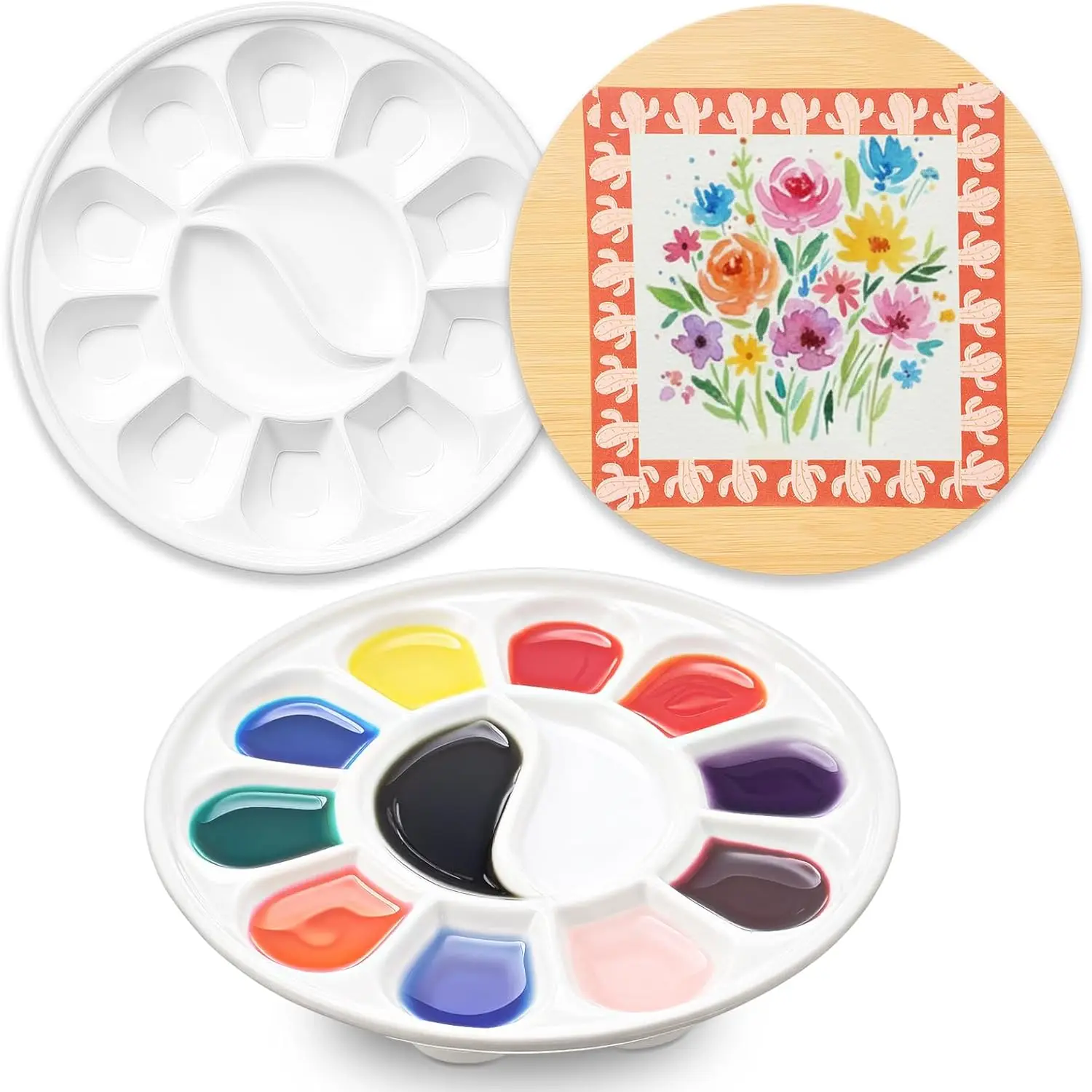 

2 Pcs 7 Inches Ceramic Watercolor Paint Palette with Lid Washable Round 12 Wells Porcelain Mixing Tray for Gouache Acryl