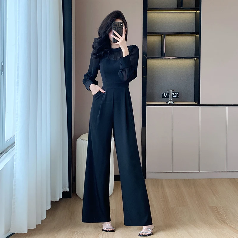 Chic Korean Black Patchwork Jumpsuit Women Spring Summer High Waist Office Lady Jumpsuits Combinaison Femme Elegant Overalls