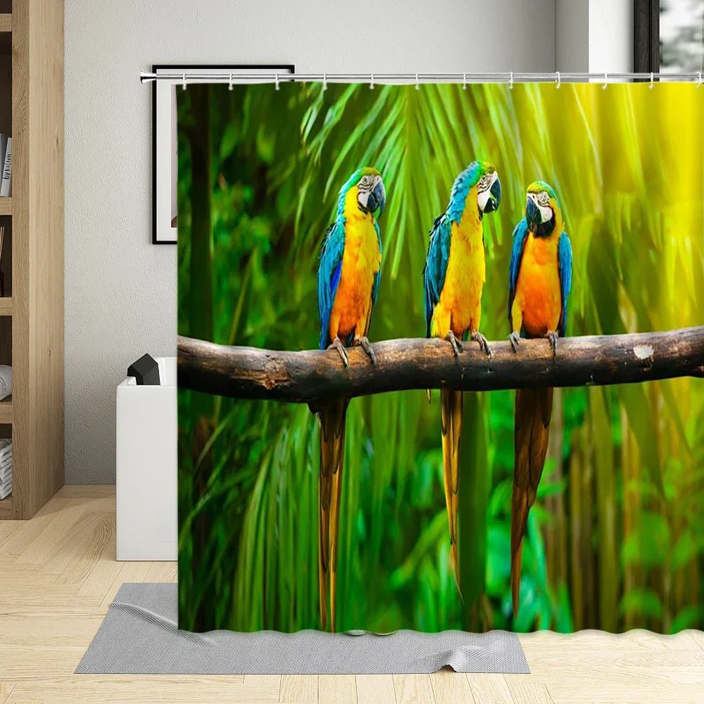 Parrot Shower Curtain Waterfall Macaw Bird Family On Branch Nature Scenery Scenic Cute Fun Pets Forest Animal Kids Bath Curtains