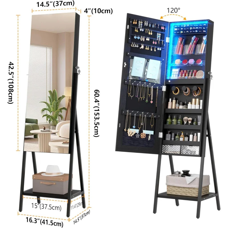 3 LEDs Mirror Jewelry Cabinet, Jewelry Mirror Full Length, Standing Lockable Jewelry Armoire Organizer Floor Mirror with Storage