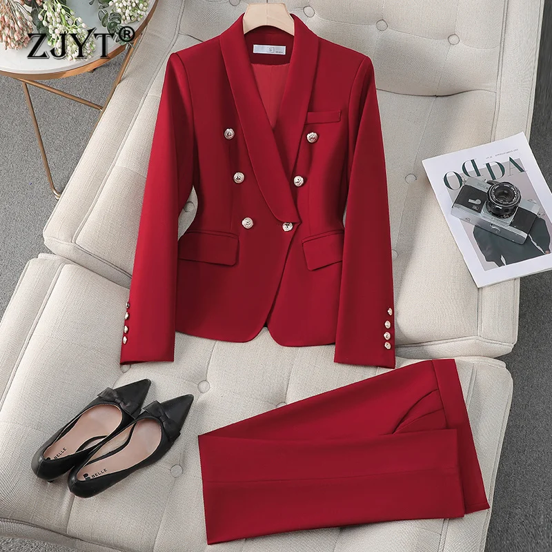 

ZJYT Spring 2025 New Office Lady Business Formal Blazer Set Pants 2 Pieces Womens Outfit Elegant Plus Size Jacket Trousers Suit