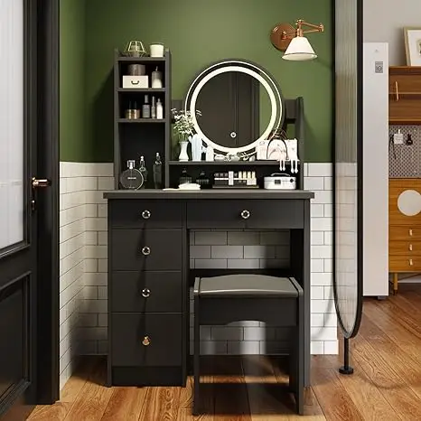 Dresser with Round Mirror, Dressing Table, Shelf, Dresser and Upholstered Stool Black Illuminated Mirror