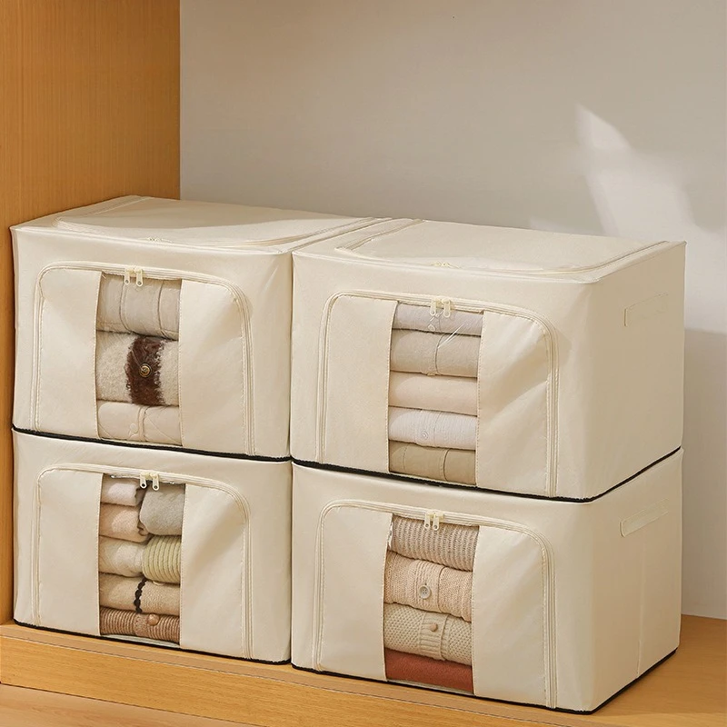 

Foldable Storage Box- Heavy Duty Collapsible Organizer with Steel Frame(Waterproof, 2-Way Zipper, Clear Window for Clothes/Toys)