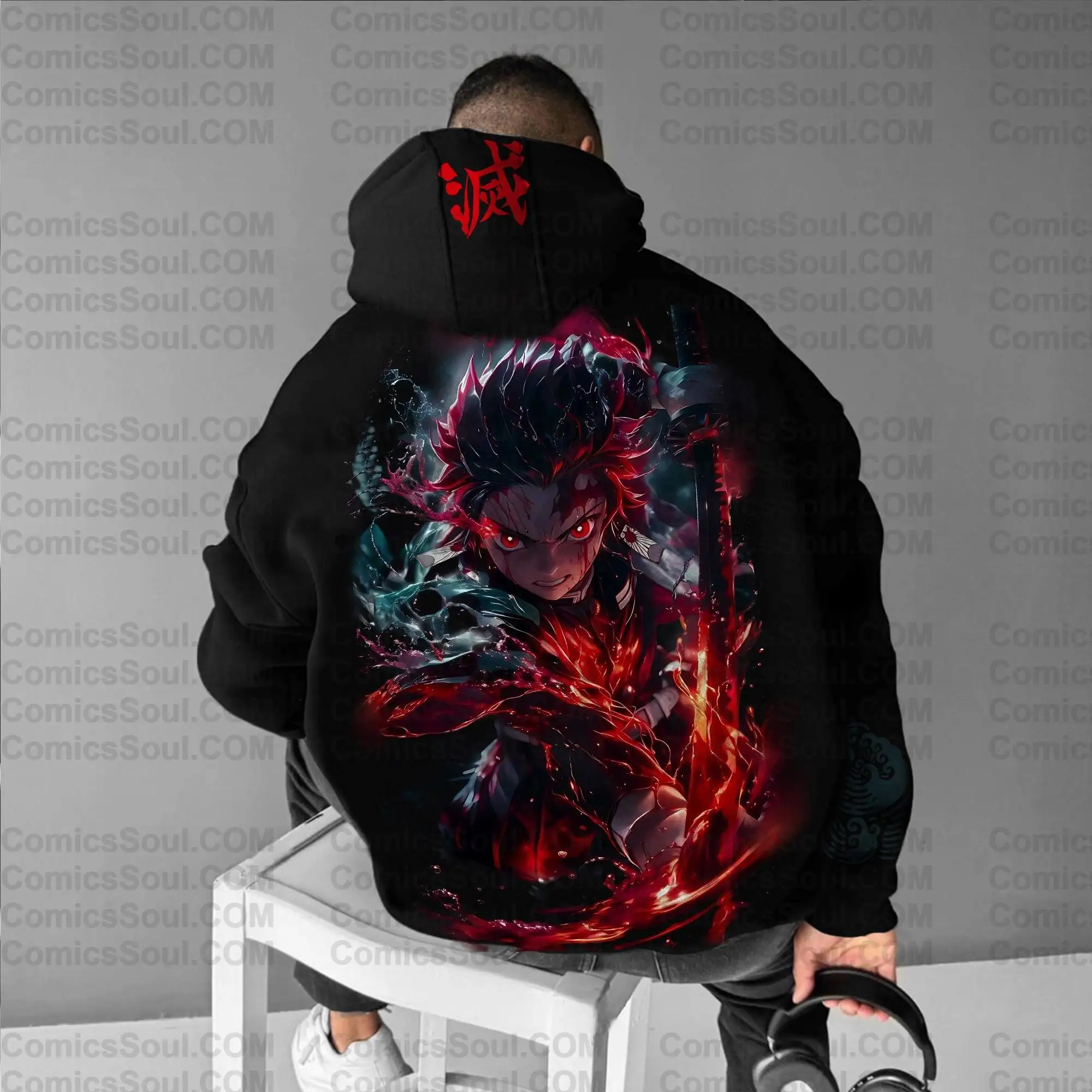 Demon Slayer Kimetsu No Yaiba Kyojuro Rengoku Black Hoodie Set Front and Back Print Cosplay Outfit with Flame Pattern Design