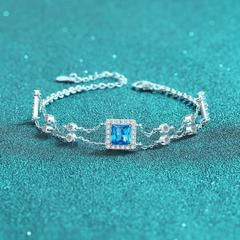 S925 Sterling Silver Hand-Set Blue Moissanite Square Double-Chain Bracelet  Minimalist New Arrival