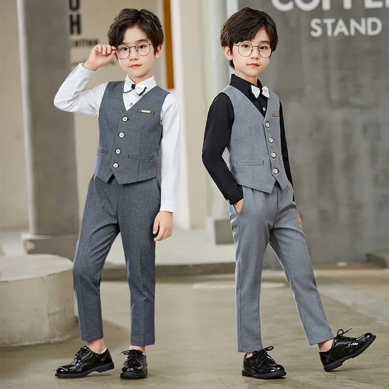 

Kids Waistcoat Wedding Clothes Sets Boys Formal Suits Child Bow Tie Long Sleeve Shirt Vest Pants Teens Party Outfit 8 10 12 14Y