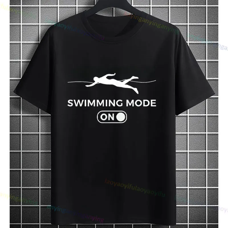 Camiseta divertida de nadador, negra con modo de natación blanco, estampado gráfico, manga corta, cuello redondo, Camiseta de algodón puro, perfecta para uso informal