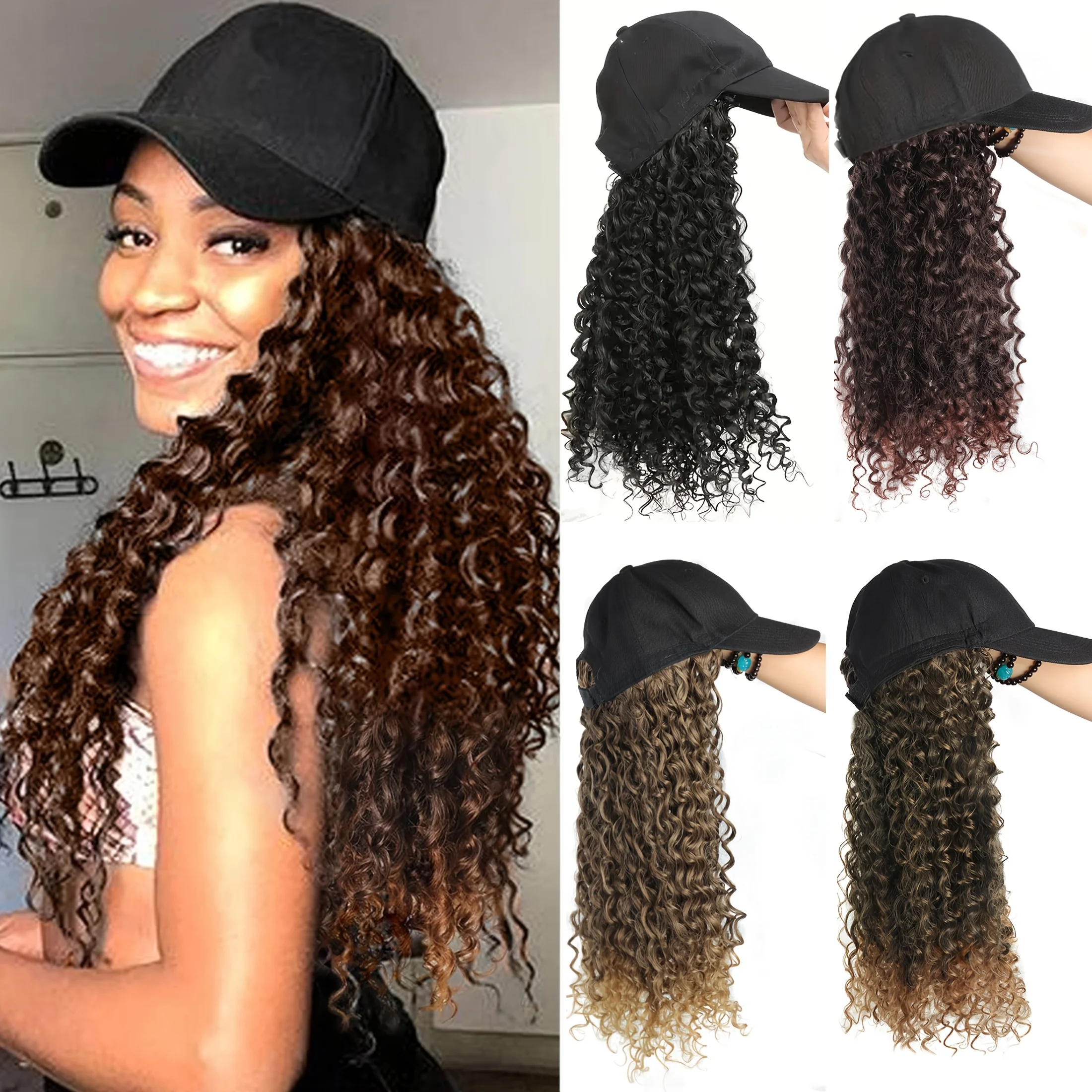 

synthetic corn wave black hat wig long 20InchKinky Curly Hair Hat Wig ,Long Synthetic Hair Connect With Baseball Cap Wig Hats