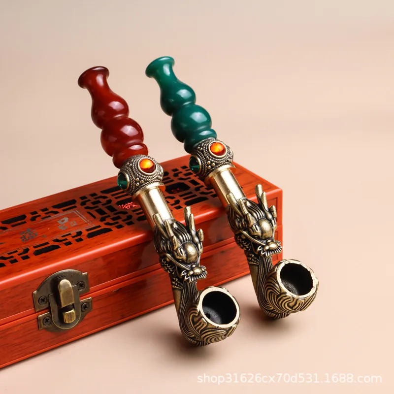 

Brass Dragon Pipe with Agate Mouthpiece, Vintage Tobacco Hookah for Men, Gift for Dad Elderly Festival Smoking Collection