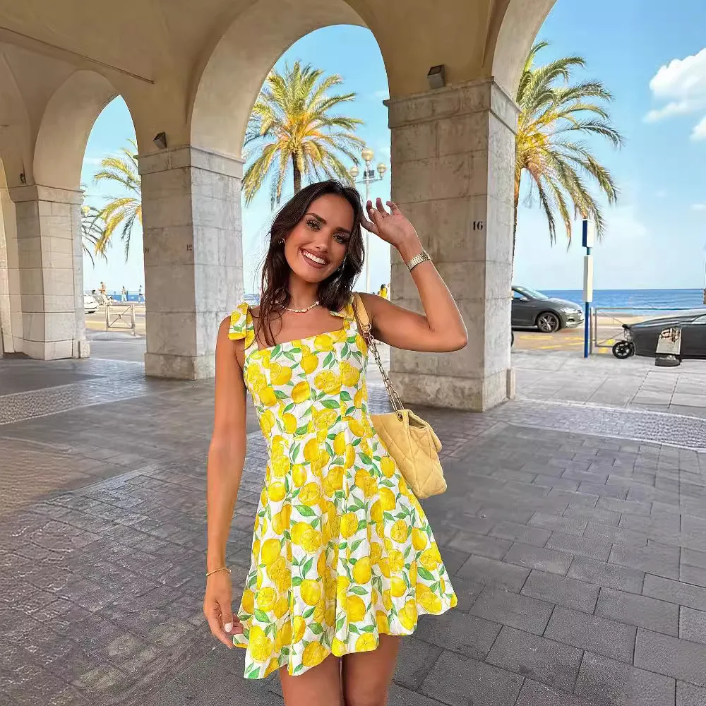 2024 Women Chic Yellow Lemon Printed Mini Dress Summer Woman With Zipper Bow Sleeveless Strapless A Line Vestido