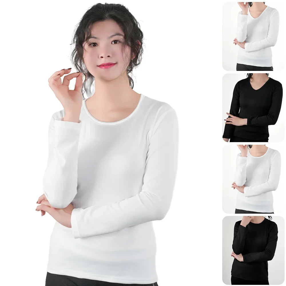 Ropa interior térmica para mujer, Otoño Invierno, camisa inferior con cuello de O/V, Tops de manga larga de Color sólido, jerséis de fibra calefactora de talla grande 2025