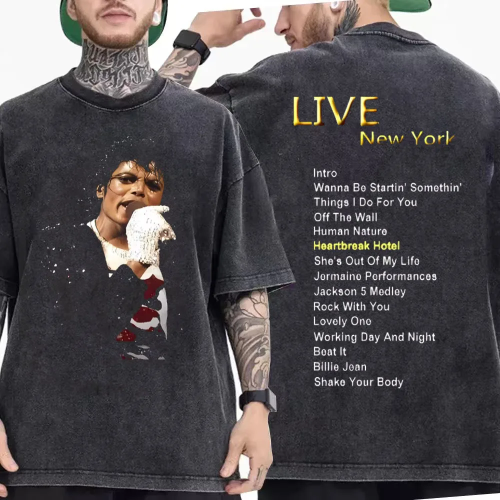 2025 الصيف غسلها ريترو مايكل جاكسون الإثارة الجرافيك تي شيرت الرجال الموضة الرجعية القطن الخالص القوطية روك سوبر تي شيرت