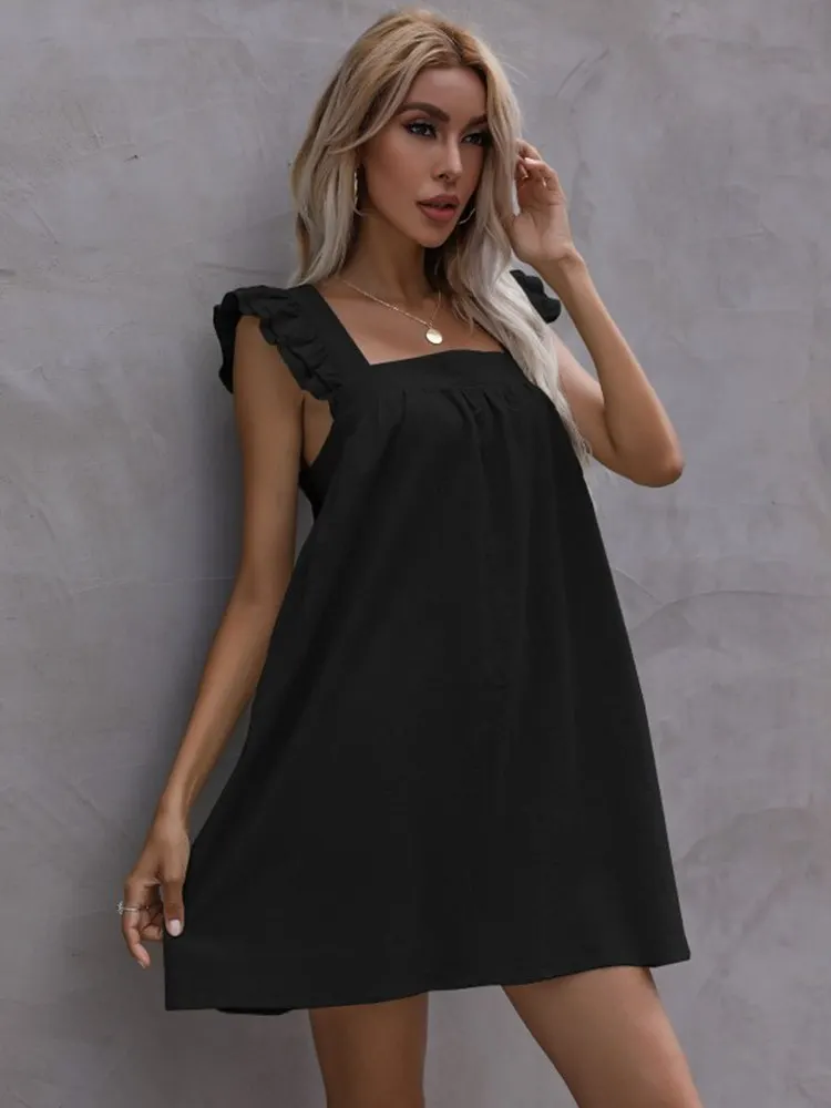 Msfilia Women Summer Square Collar Slip Dress Loose Ruffle Solid Color Cotton Linen Casual Chic Dresses image 4
