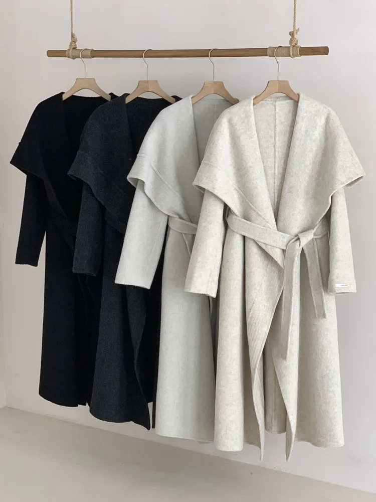 ZMEENNA レディース ロング ウール ブレンド コート 大きなショールカラー付き オープンフロント 暖かい冬用アウター ルーズフィット スタイル エレガント ZM4392