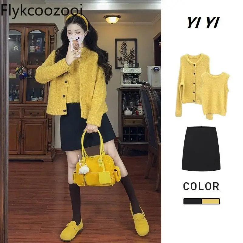 Autumn Korean Drama Wear Casual Yellow Knitted Cardigan Vest Short Skirt Three-piece Suit Costume Deux Pieces Femme