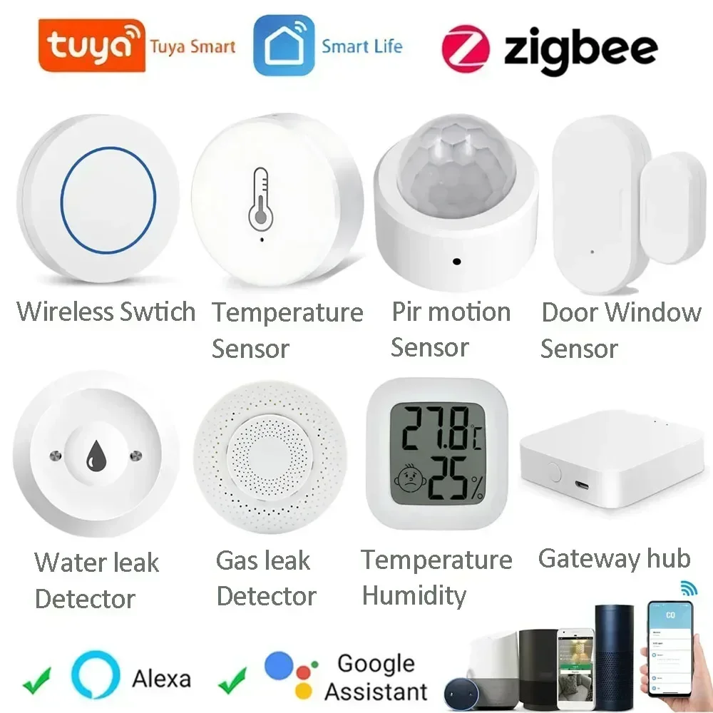 Tuya ZigBee Gateway Water Gas Detector Smoke Detectors Motion Sensor Temperature and Humidity Door Window Sensor Smart Button