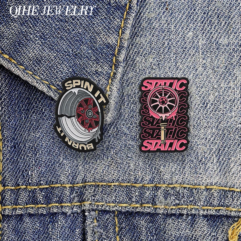 Static Low Stance Suspension & Spin It Burn It Drift Tire Brooch Cool Retro Car Modification Enamel Pin Bag Lapel Badge Jewelry