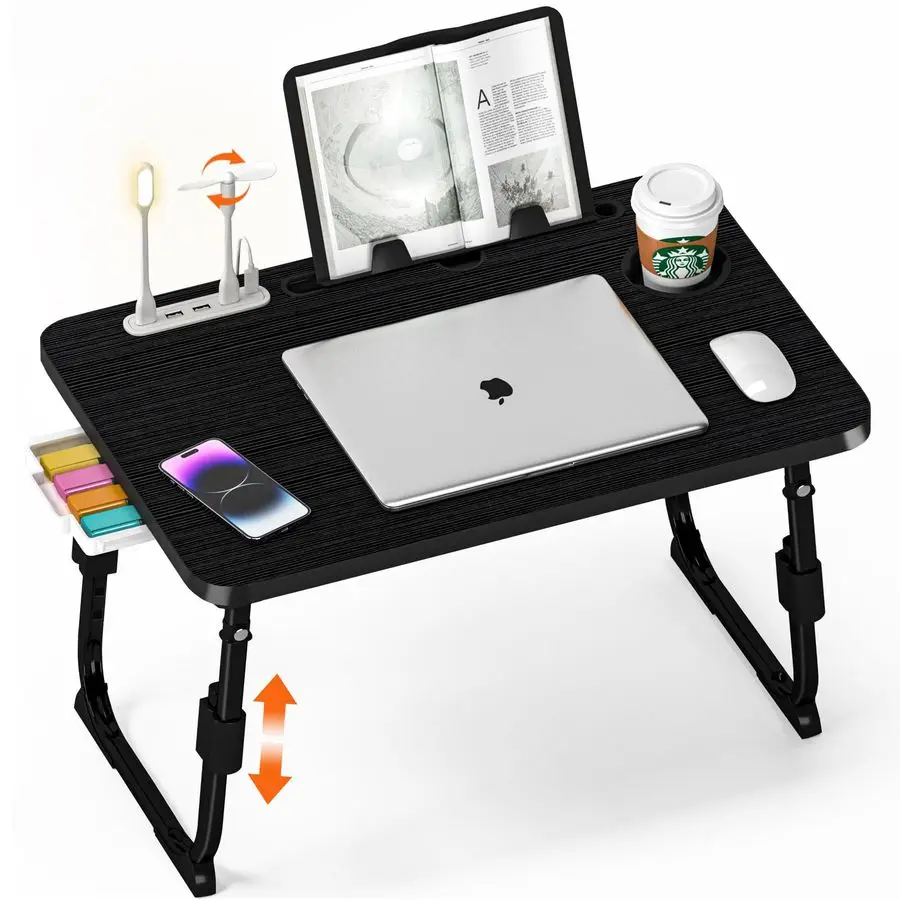 

Desk for Bed Height Adjustable, Lap Bed Table with USB Storage Drawer Cup Holder Tablet Stand Book Shelf, Foldable Breakfast Tra