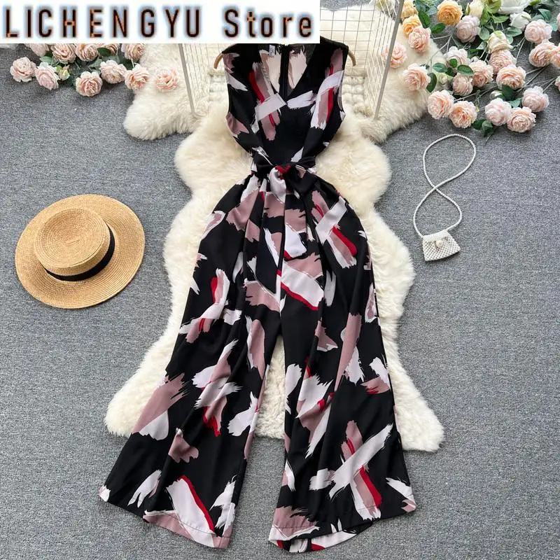 New Elegant Style Chic Jumpsuit Women V-neck High Waist Contrast Color Print Wide Leg Jumpsuits Winter Spring