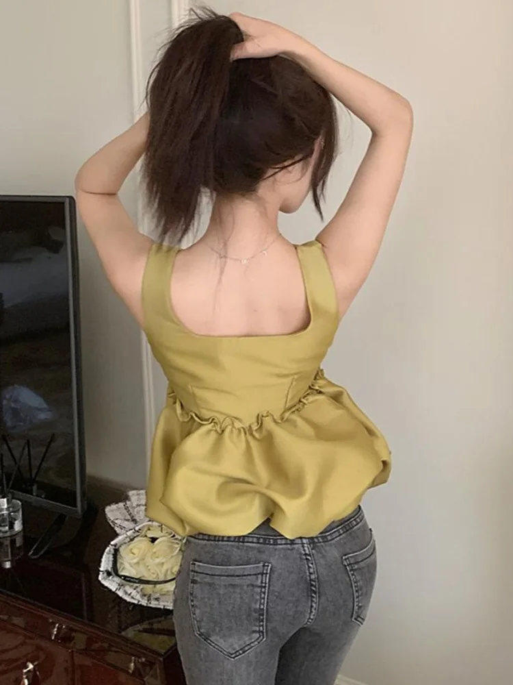 2023 New Summer French Vintage Fashion Satins Camisole Women Sleeveless Crop Top Draped Design Classical Solid Color Aesthetic