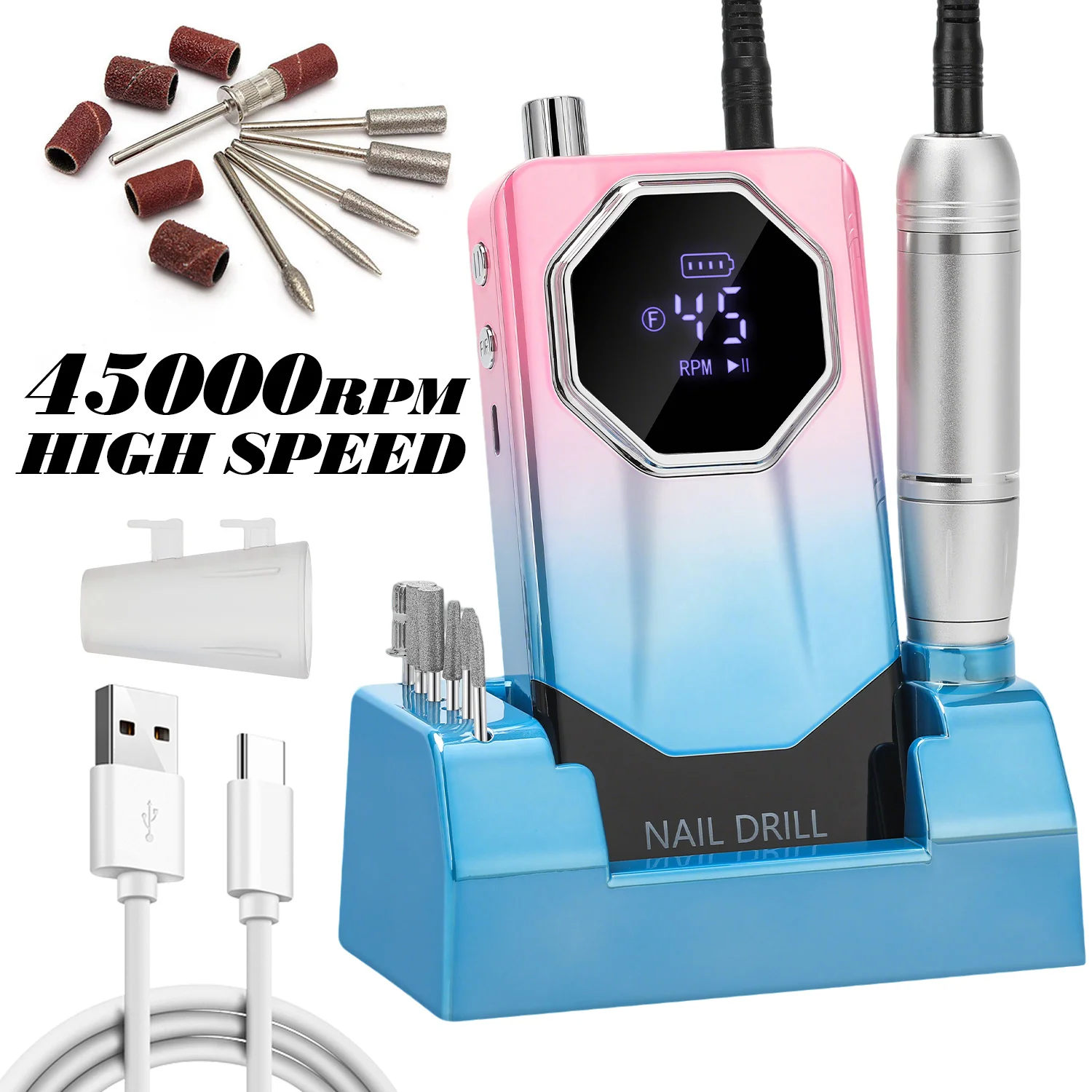 DianaBeauty 45000RPM Nail Drill Machine Professional Nail Drills for Gel Nails Polish Rechargeable Portable Nail File Nail Art