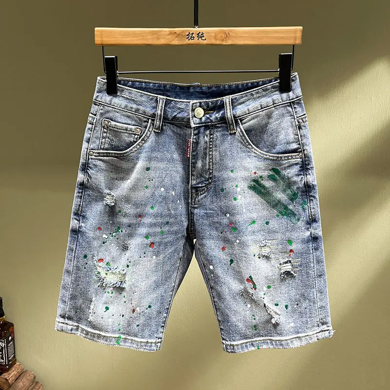 Blauwe shorts voor heren Casual high-end trendy merk Patch Ripped Ink Splashing Denim Shorts Rechte slim-fit middenbroek voor heren