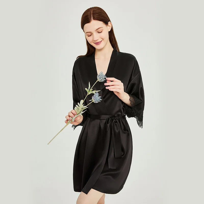 

19mm 100% Mulberry Silk Robes Mini Nightgown Casual Belted Women's Robe Sexy Lace Trim Bridal Morning Gown Kimono Loungewear PJs