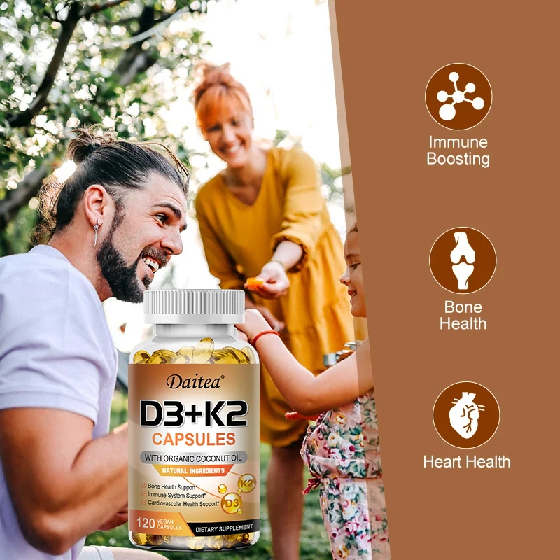 Vitamin D3 + K2 Capsules - Organic Coconut Oil - Regulates Calcium Absorption and Supports Healthy Bone, Heart & Immune Function