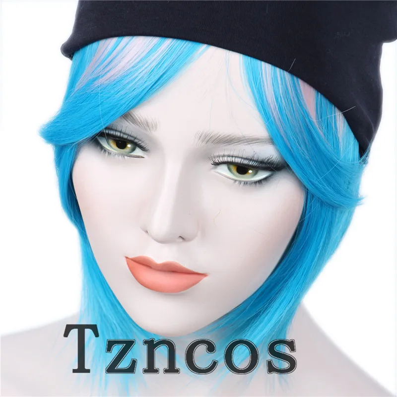 Tzncos لعبة شعر مستعار تأثيري كلوي الوردي الأزرق الشعر القصير مقاومة للحرارة شعر مستعار اصطناعي #3