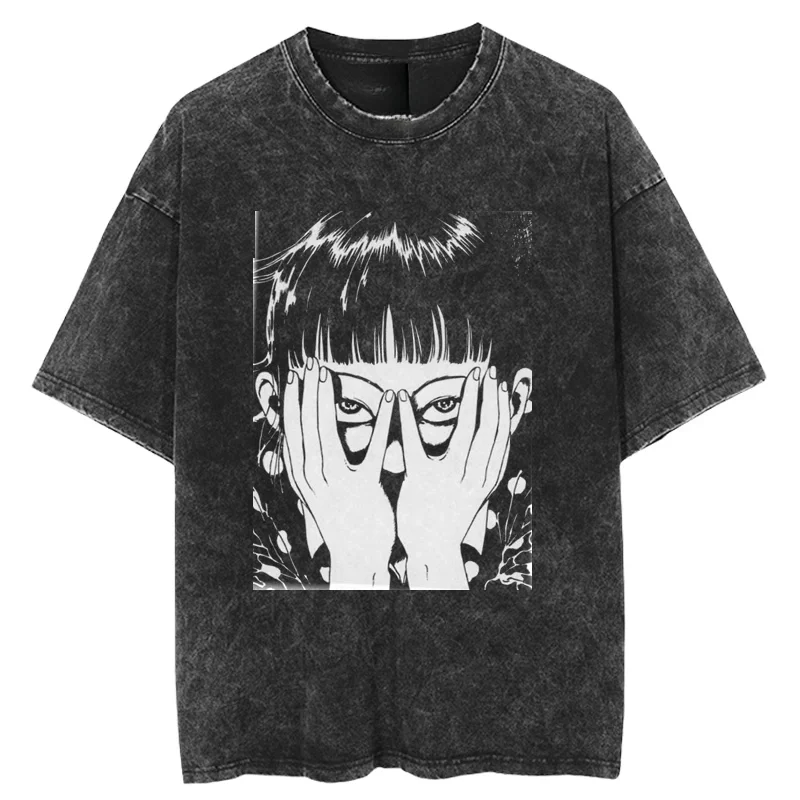 Summer New Tomie Junji Ito Retro Washed Antique Short-Sleeved T-Shirt Men's Trendy Brand Japanese High Street Hip-Hop Shirt