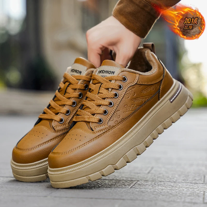 

PARZIVAL/Новые зимние мужские кроссовки, короткие плюшевые теплые спортивные туфли, мужская обувь на платформе, теннисная вулканизированная обувь, кожаная повседневная обувь