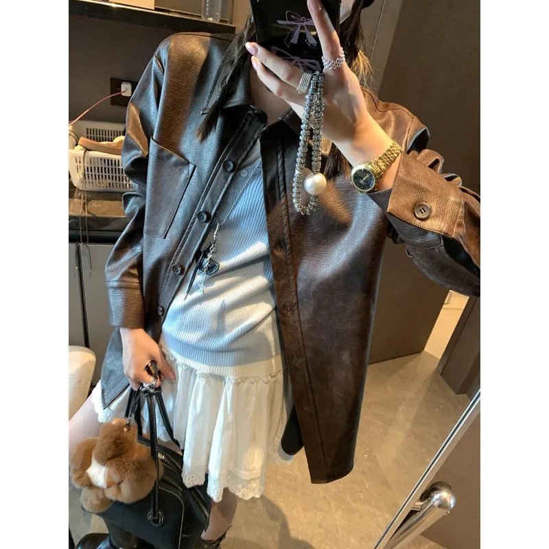 2025 Frühherbst neue alte PU-Leder-Revers lässig lose und dünne Lederjacke im amerikanischen Stil