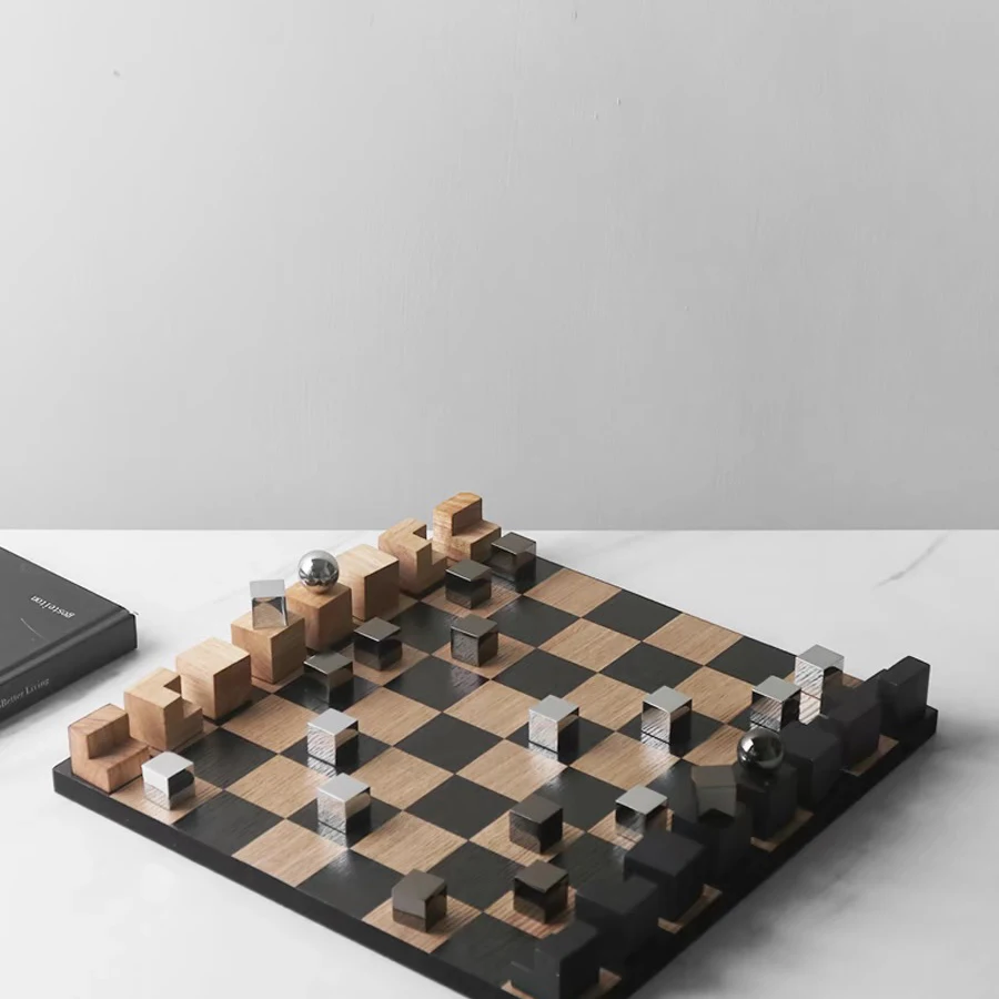 

Modern Solid Wood and Metal Art Chess Board Ornaments Desktop Living Room Creative Home Crafts Original Design Hotel Decorations