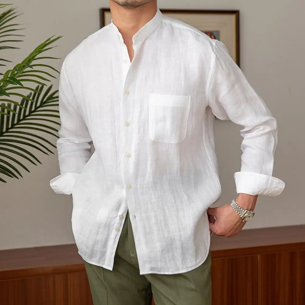 

Men Shirt Men's Formal Business Style Cardigan with Stand Collar Single-breasted Design Solid Color Long Sleeves for Spring