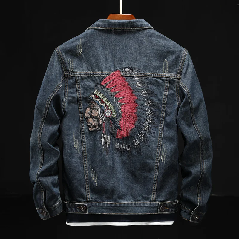 Prowow 2021 Fashion Streetwear Men Jacket Retro Blue Indian Chief Embroidery Denim Jackets Men Size M-6XL Hip Hop Punk Coats