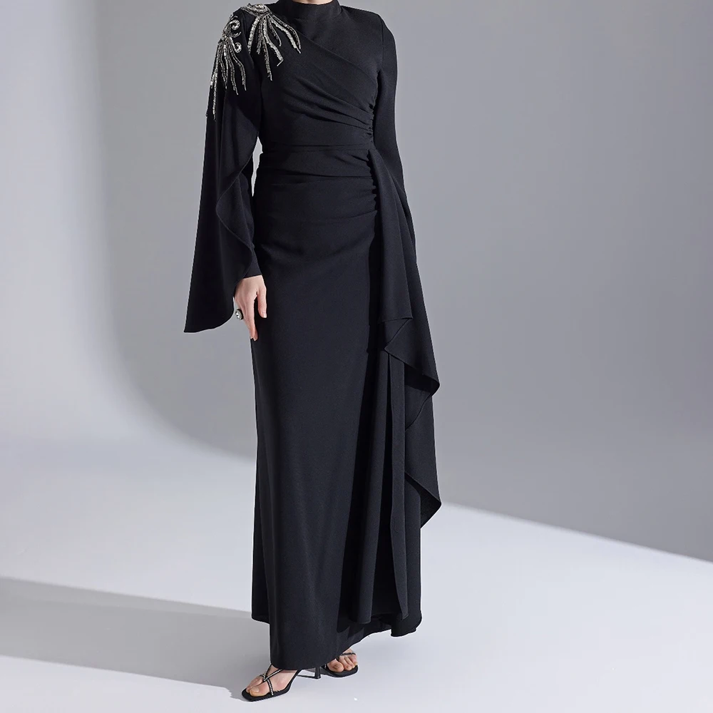 

Customized A-line Evening Dresses Ankle-length High-neck Full Sleeve Prom Gown Fashion Crystal Sequined Stole Draped Party Gown