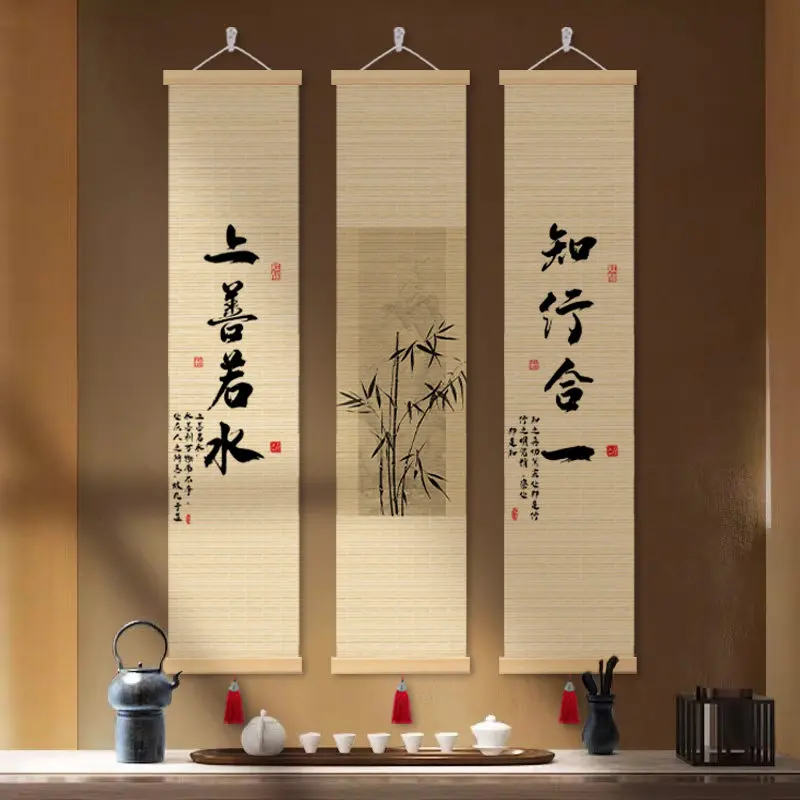 Chinese Landscape Bamboo Scroll Wall Art Single Panel Waterfall Pine Tree Sage Painting Wabi Sabi Zen Room Entryway Decor