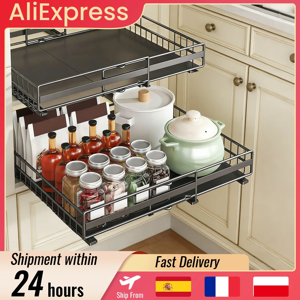 Lot de 2 étagères de rangement de cuisine coulissantes, organisateur de placard sans perçage, tiroirs extensibles pour armoire de cuisine, garde-manger, salle de bain
