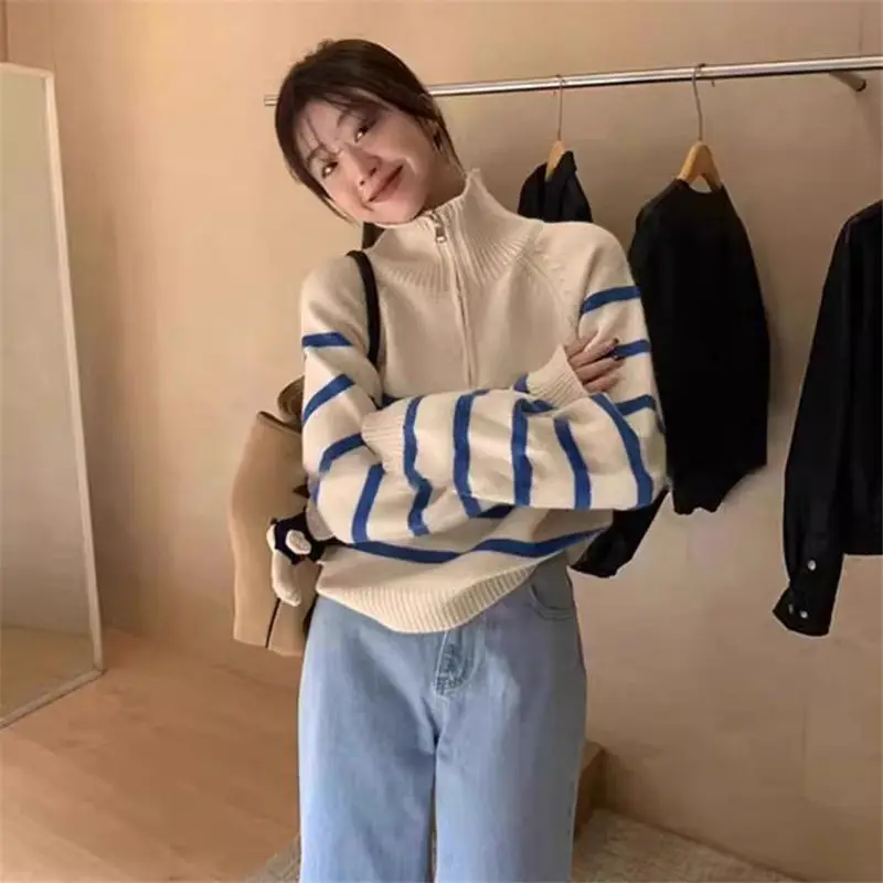 Casual sle outono lã camisola de malha solta zíper gola listrado macio aconchegante camisola pulôver de tartaruga feminina