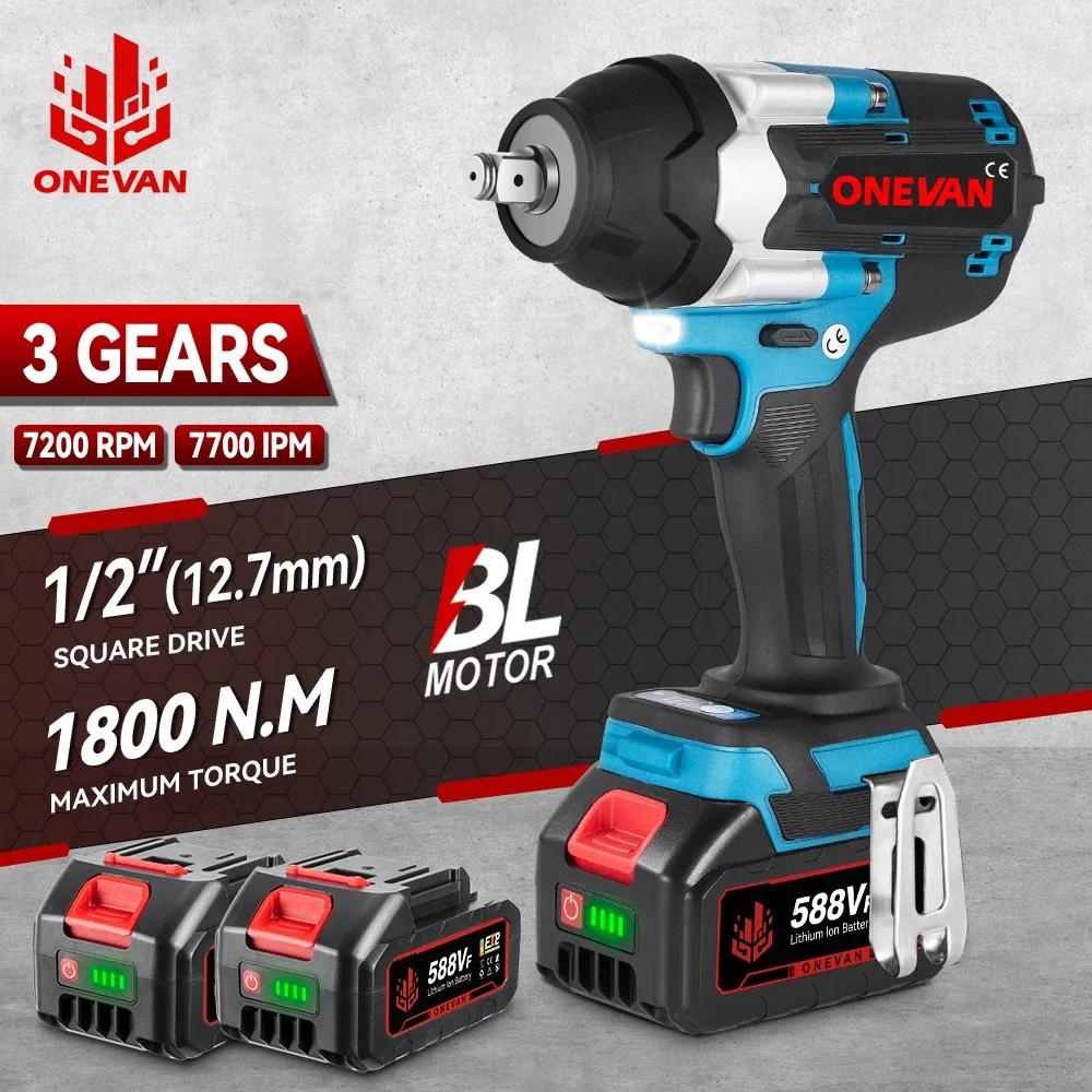 ONEVAN 1800N.M Torque Brushless Electric Impact Wrench Cordless Screwdrive Power Tool Lithium-Ion Battery For Makita 18V Battery